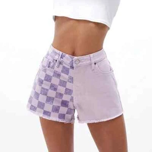 NEW PACSUN High Rise Festival Denim Shorts Lavender Purple Checkered Sz 24 - Picture 1 of 6