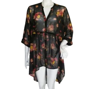 TORRID Lexie Blouse/Tunic, 1/1X, Black Floral, Semi-sheer, Convertible sleeves - Picture 1 of 14