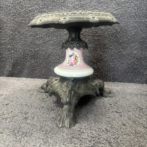 Raro bolsillo vacío, Francia, ¿siglo XIX? - Porcelana + Spelter Metal Floral - Imagen 1 de 12