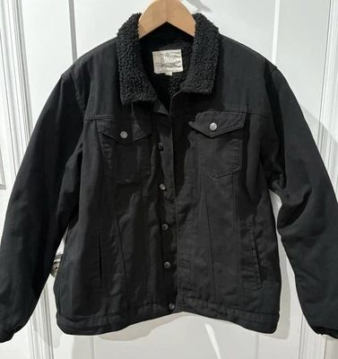 Jeanius Academic Black Sherpa Lined Denim Trucker Jacket Men’s XL Vintage - Image 1 of 4