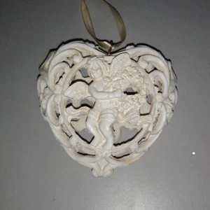 Large Decorative Hearts with Angel Cream Antique Look to Hang Wedding Baptism - Picture 1 of 8