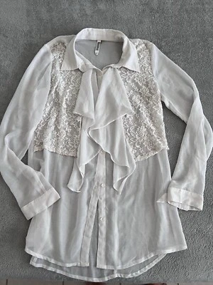 MONORENO 女式象牙色长袖透明纽扣衬衫 M — 第 1/3 张图片