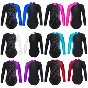 Gymnastics Leotard for Girls Long Sleeve Sparkly Diamonds Dance Ballet Bodysuit - Picture 1 of 43