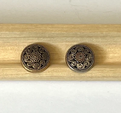 2 Vintage Metal Buttons Filigree Design Gold and Silver Tone Key Shank 9/16" - Image 1 of 3