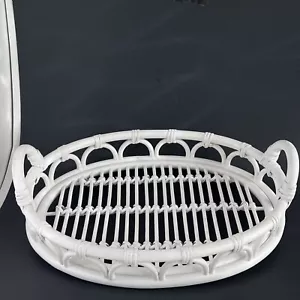 White Bamboo Oval Wicker Serving Tray Tiki Boho Patio Barbecue Barware Cottage - Picture 1 of 14