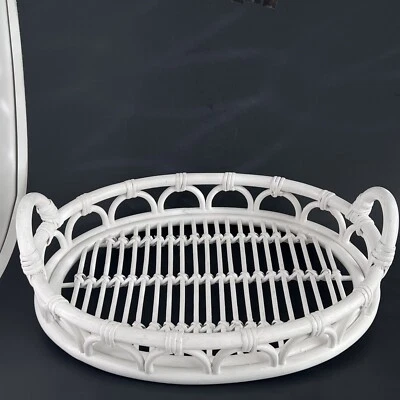 White Bamboo Oval Wicker Serving Tray Tiki Boho Patio Barbecue Barware Cottage - Image 1 of 4