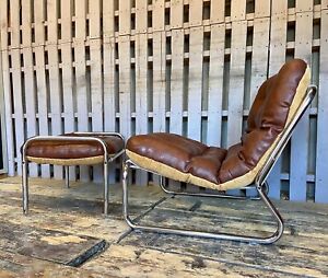 Super Cool Brown Chrome Sling Chair And Stool Vintage Retro Mid Century