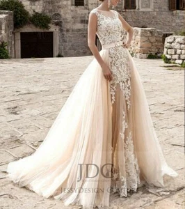 Mermaid Spitze Brautkleid Langarm Tüllrock 2 in 1 abnehmenbare Schleppe n.Maß - Bild 1 von 8