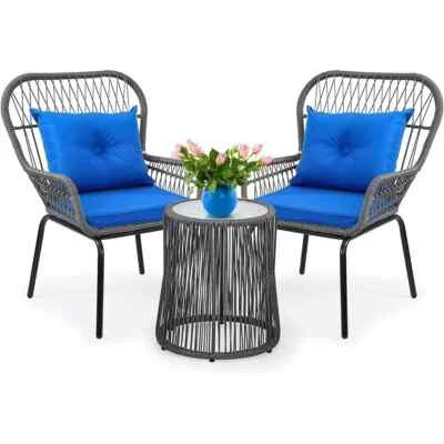 Patio Chair & Table Set Wicker Rattan 3Pcs Outdoor Furniture Bistro Set, Blue - Image 1 of 4
