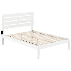 Pemberly Row Farmhouse Wood Full Bed with USB Charging Station in White - Picture 1 of 4