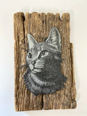 Rustic Cat Wall Art Hand Crafted Mixed Media Wood & Metal Primitive OOAK - Image 1 of 4