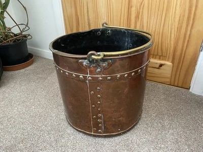 Antique Copper & Brass Bucket Studded Banding Fire Coal Log Scuttle Decoration - Image 1 of 4