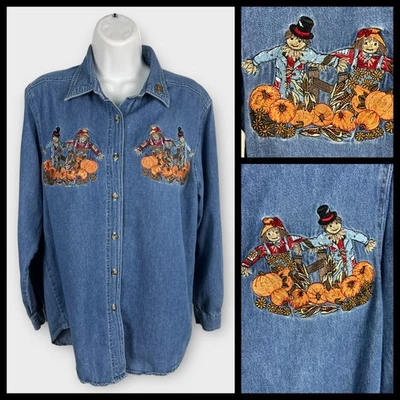 Women's Medium Vintage Denim Fall Scarecrow Halloween Embroidered Blouse Top - Изображение 1 из 4