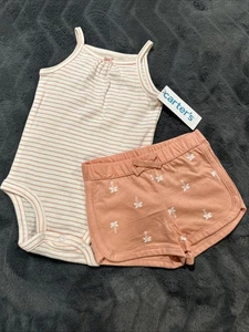 Baby Girls Carter's 2 pc Set PALM TREES & Stripe Bodysuit & Shorts 12 Mo NWT - Picture 1 of 2