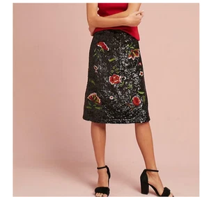 Anthropologie schwarz Pailletten Blumen Rock Damen 2 A-Linie glitzernd Cocktail Party - Bild 1 von 9