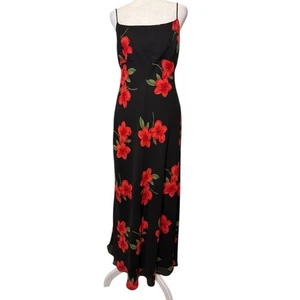 Maxi Vestido Floral Negro Rojo 8P Formal Correa Espagueti Años 90 Betsy & Adams Vintage - Imagen 1 de 7