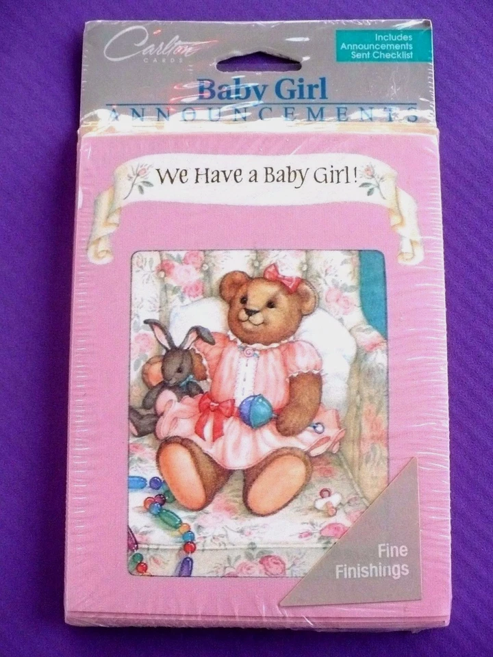 VINTAGE BABY GIRL ANNOUNCEMENT CARDS SEALED PKG 8 CARDS & ENVELOPES CARLTON  - Image 1 of 2