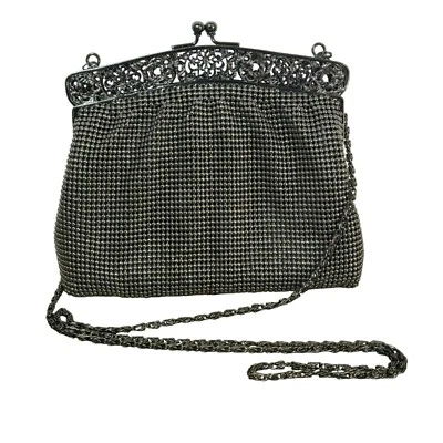 Vintage Talbots Black Beaded Evening Purse With Ornate Metal Frame & Chain Strap - Image 1 of 4