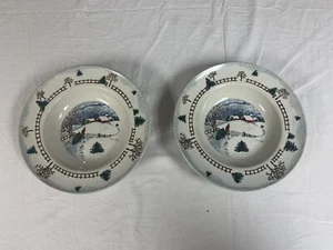 Folkcraft Stoneware *Winter Side* Soup Bowls. Lot of 2 Snowy Country Farmouse - Picture 1 of 10