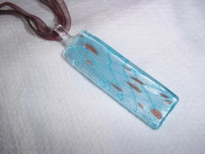 Cristal Murano AZUL y PLATEADO Colgante Grande en MARRÓN Cinta Cordón Collar J-196 Foto 1 de 3