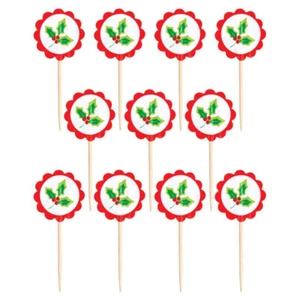 36 HOLLY CHRISTMAS PICKS FIESTA CUPCAKE PASTEL TOPPER palillos de dientes cóctel de frutas NUEVO - Imagen 1 de 2