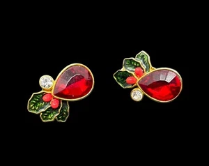 Vintage Gold Tone Holly Leaf Red Rhinestone Clip-On Earrings - Picture 1 of 6