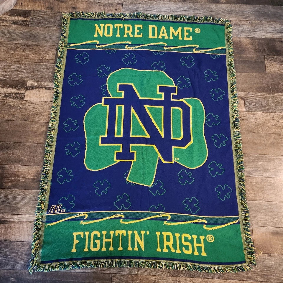 Vintage Notre Dame Fighting Irish Woven Throw Tapestry Blanket 60”x43” Decore   - Image 1 of 4