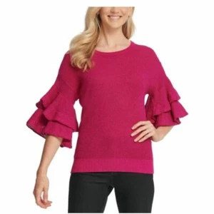 Dkny Womens Pink Metallic Ruffle 3/4 Sleeve Sleeve Knit Sweater Top Size S NEW - Picture 1 of 4