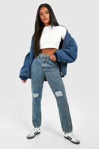 Pantalones de mezclilla lavados rectos rasgados cintura alta para dama B277 - Imagen 1 de 3
