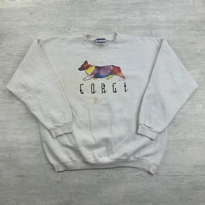 Vintage 90s Corgi Sweatshirt Size Large White Puppy Dog Art Crewneck - Image 1 of 4