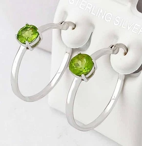 GENUINE 2.10 Cts PERIDOT HOOP EARRINGS SOLID .925 STERLING SILVER - New With Tag - Picture 1 of 5