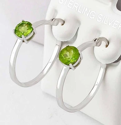 GENUINE 2.10 Cts PERIDOT HOOP EARRINGS SOLID .925 STERLING SILVER - New With Tag - Image 1 of 4