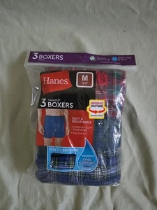 NWT Hanes 3 Pack No Gap Fly Soft Breathable Boxers Plaid Size Medium 32-34" - Picture 1 of 2
