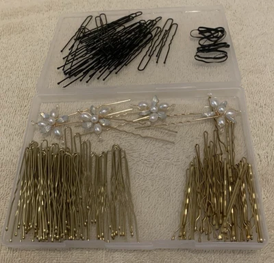 132 Pc Gold & Black Hair Pins & Bobby Pins w/Plastic Case - EUC - Image 1 of 4