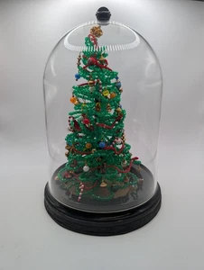 Vintage Handmade Green Beaded Christmas Tree w/ Decorations & Plastic Cloche 10" - Picture 1 of 14