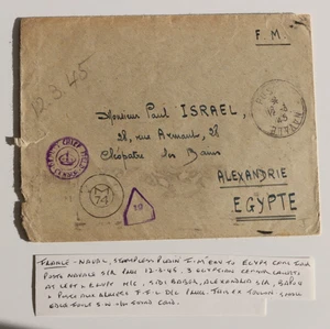 Francia 1945 Segunda Guerra Mundial Toulon Censor FFL Naval Post Cleopatra Alejandría Egipto Cubierta - Imagen 1 de 2