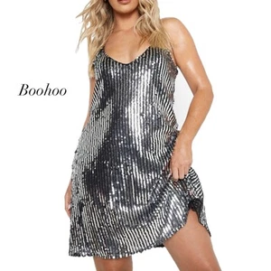 Boohoo Silver Sequin Spaghetti Strap Open Back Mini Swing Dress NWT Size 14 - Picture 1 of 12