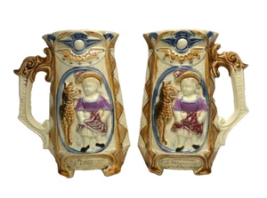 ANTIQUE MAJOLICA PITCHERS RED RIDING HOOD AND THE WOLF FRENCH BARBOTINE ONNAING? - Picture 1 of 7