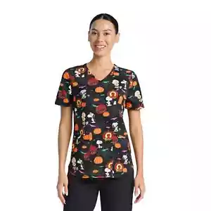 Peanuts Charlie Brown Spooky Snoopy Women's V-Neck Print Scrub Top Size Large - Picture 1 of 4