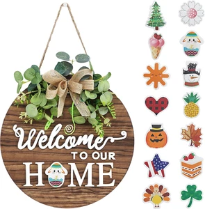 Interchangeable Seasonal Welcome Sign Front Door Decoration, Rustic round Wood W - Picture 1 of 12