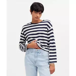 Madewell Drop Shoulder Pullover Long Sleeve Crop Tee Top Striped Relaxed S NWT - Picture 1 of 15
