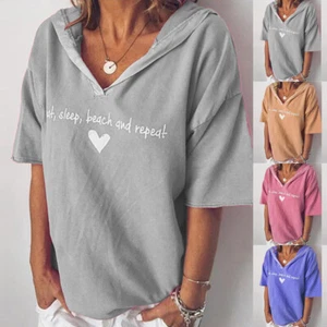 Women V-Neck Hooded Short Sleeve Blouse T-Shirt Ladies Loose Solid Pullover Tops - Picture 1 of 20