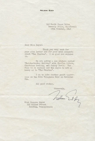 NELSON EDDY - TYPED LETTER SIGNED 10/19/1943 Cover