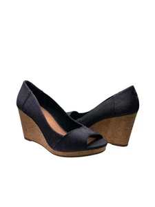 TOMS STELLA BLACK DENIM Cork Peep Toe Wedges - Picture 1 of 7