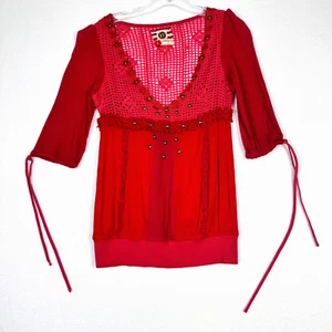 Free People Red Cotton Accent Top Size 2 Studded Crochet Boho Sleeve Ties - Picture 1 of 9