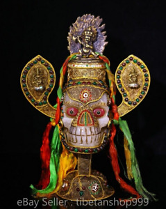 12" Old Tibet Crystal Carved Gild Filigree inlay Gemstone Skeleton Skull Statue