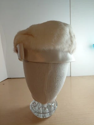 Vintage White Rabbit Fur Pillbox Hat With A Satin Trim - One Size - Union Made - Image 1 of 4
