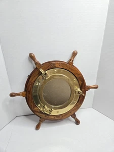 Vintage Wall Hanging Mirror Ship Wheel Wood Brass Nautical Beach Lake House - Picture 1 of 8