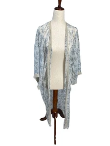 Blumen Kimono Staubtuch transparent blau grau lang Boho Lagenlook One Size Cottagecore - Bild 1 von 7