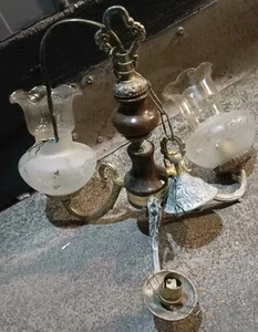 Antique Brass Victorian Style chandelier ×3 Arms/lights Missing 1 Glass Shade - Picture 1 of 7